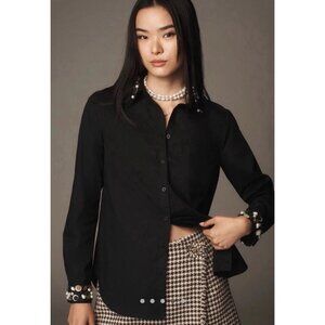 Anthropologie Maeve Embellished Long Sleeve Button Down Shirt Black Size 2 NWT